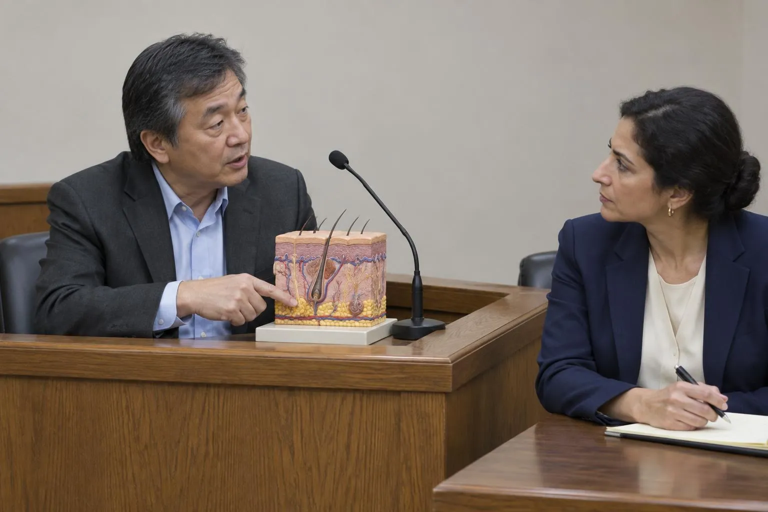 A legal nurse expert points to a skin model while answering an attorney’s question at a courtroom witness stand.